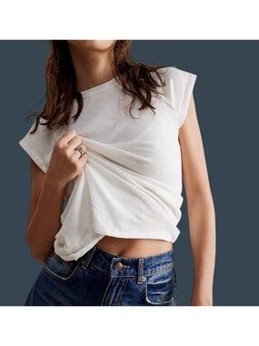 We The Free White Raw Seam knit Cotton Cap Sleeve knit T-Shirt XS